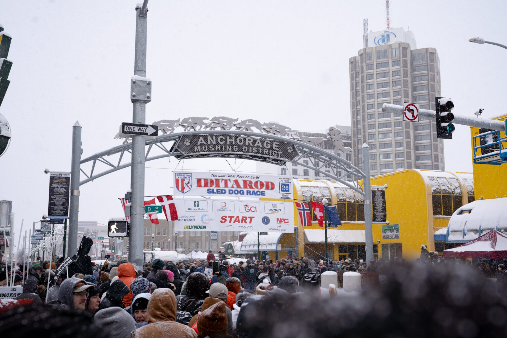 Start of the Iditarod 2025 under the Mushing District Arch. Place of Bold Starts and Amazing Finishes! Photo by Brie-took-that.com
